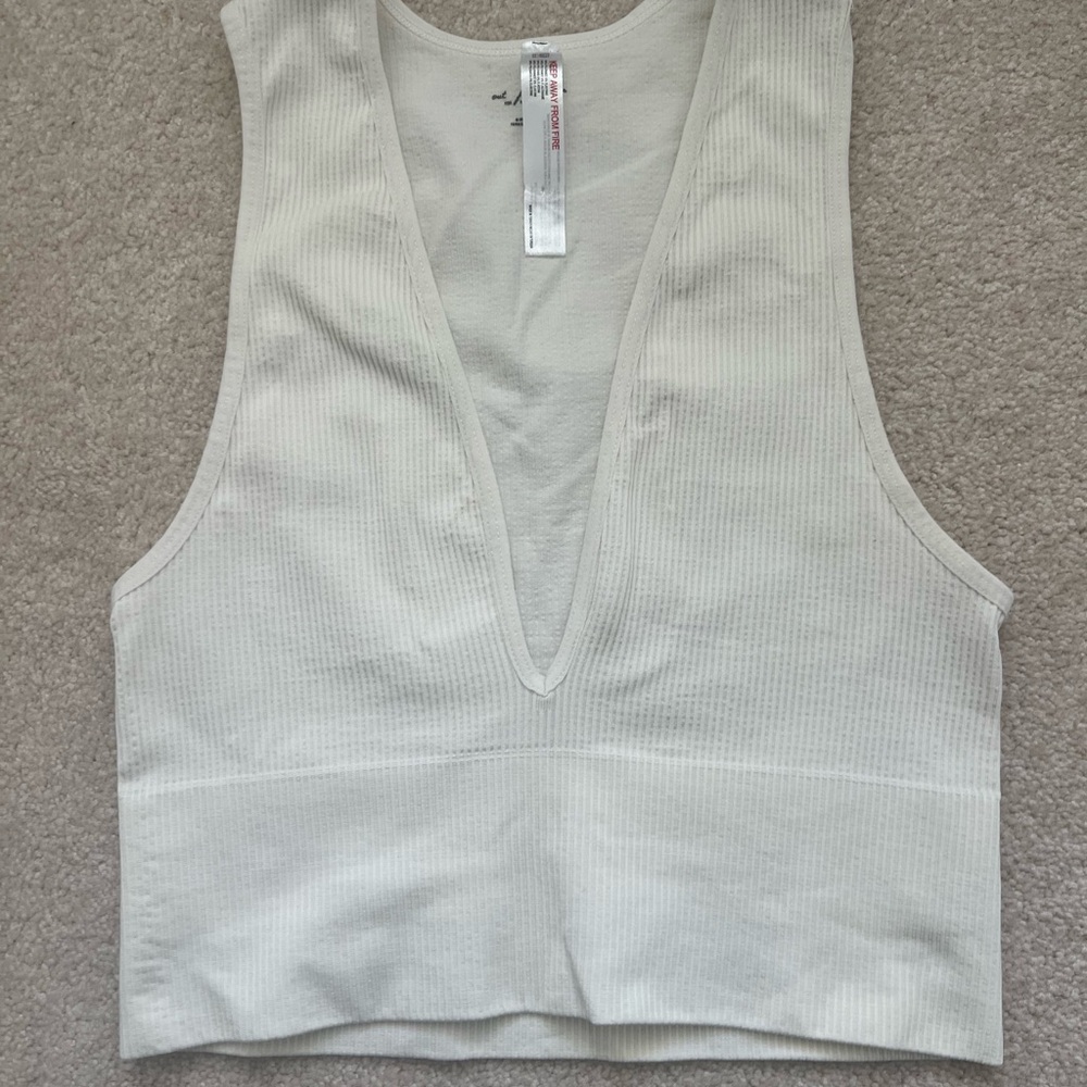 Urban Outfitters Cream Ribbed Deep V Crop Top